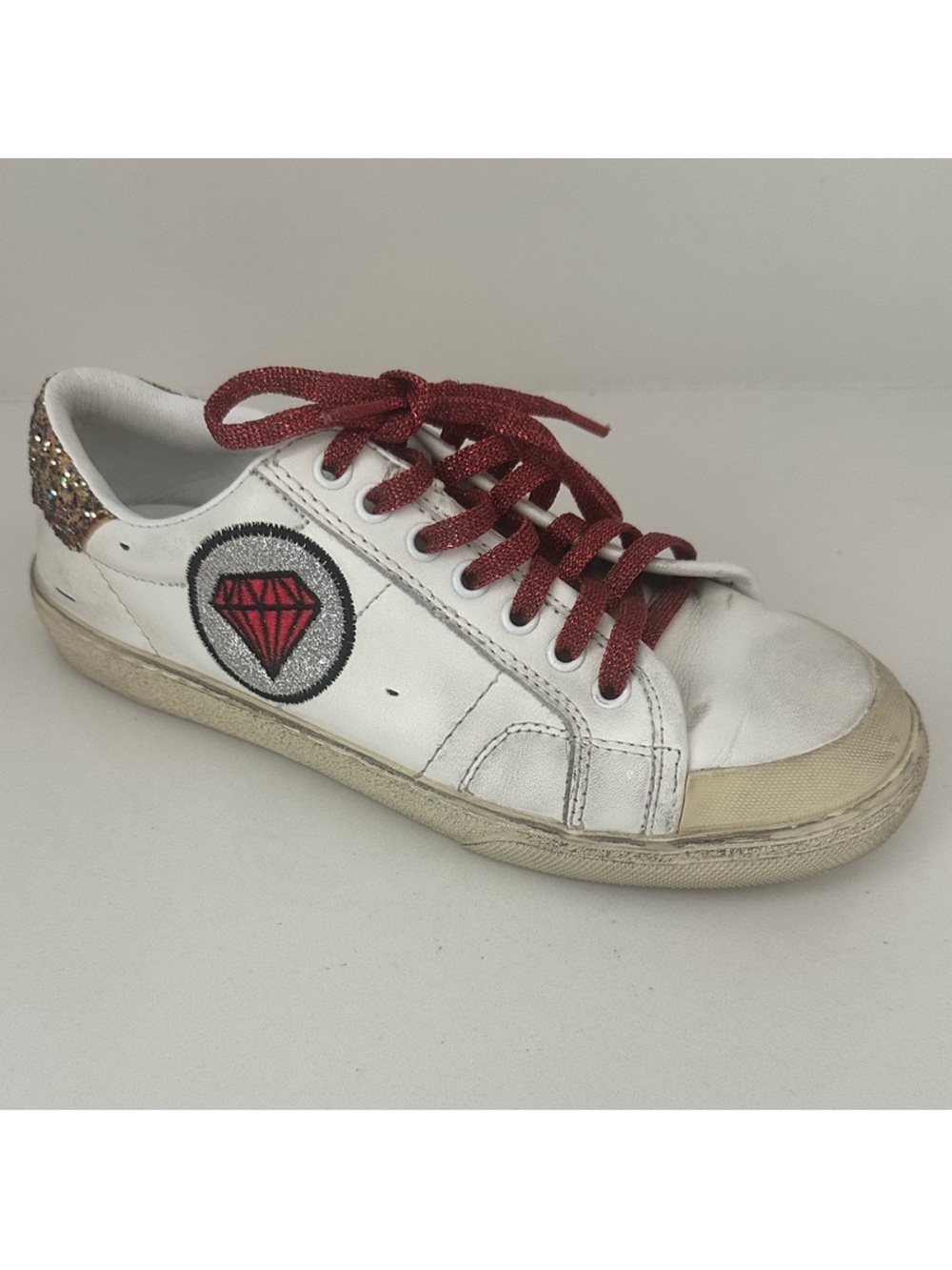 Saint Laurent Paris White Leather Glitter Diamond Patch Low Top Sneakers Size 36